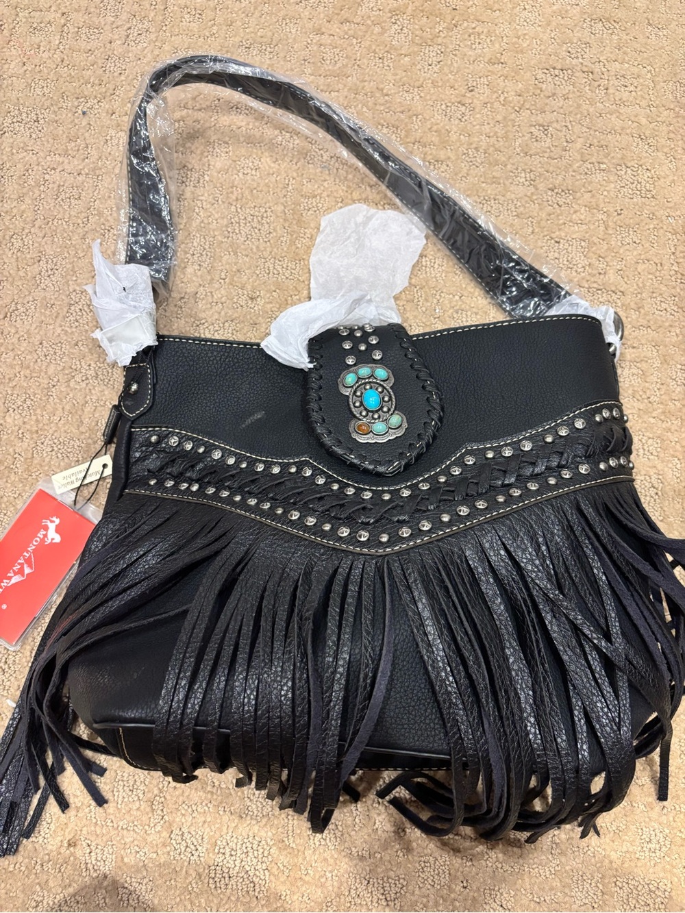 Montana West Black Fringe Shoulder Bag with Turquoise Concho